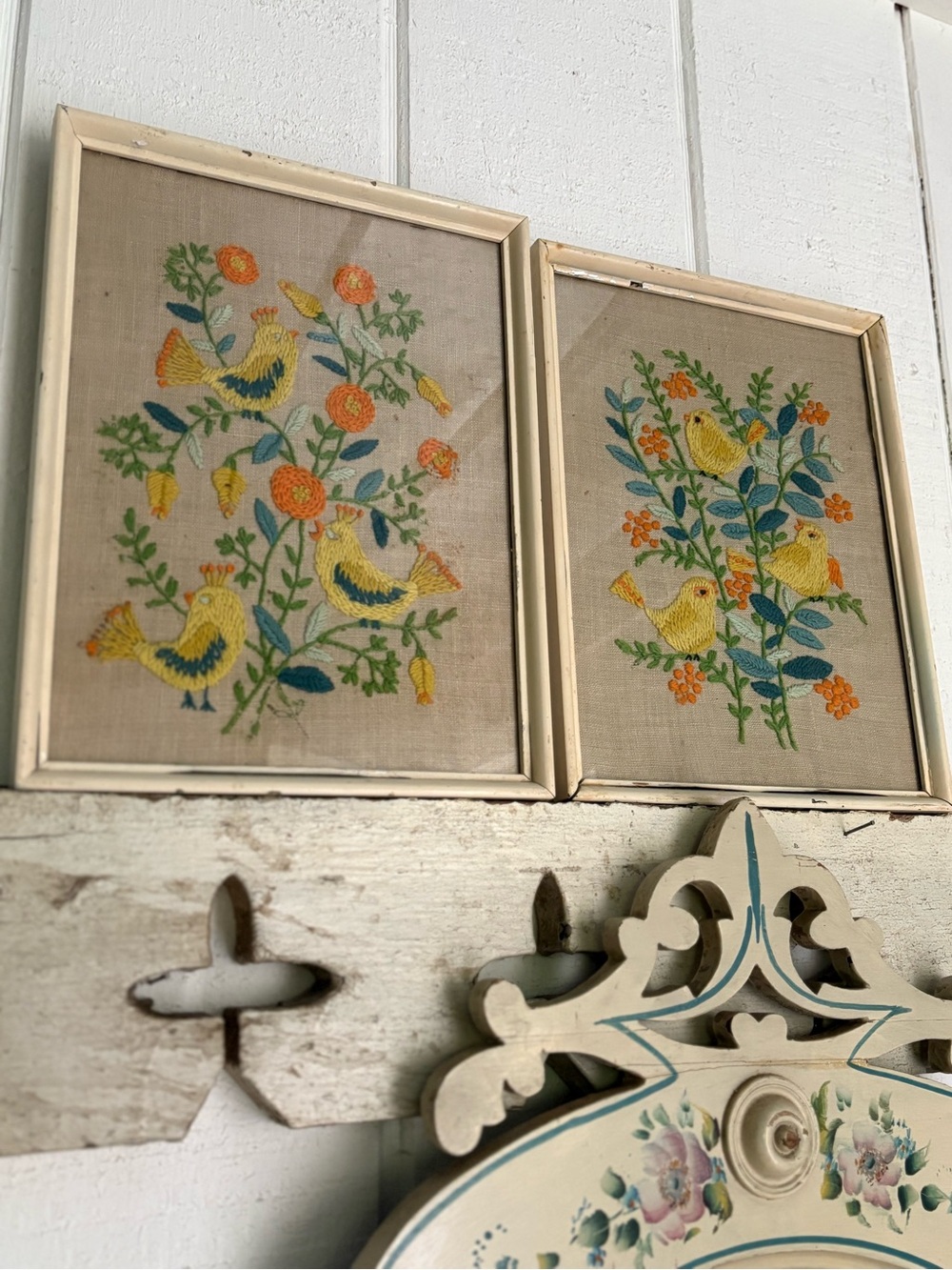 Vintage 70s Hand-Embroidered Yellow Bird Wall Art Pair Folk Art